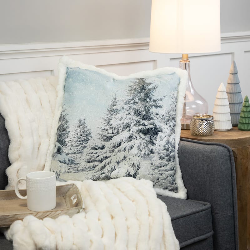 18" Sky Blue Winter Forest Scene Square Christmas Throw Pillow with High Pile Fleece Back
