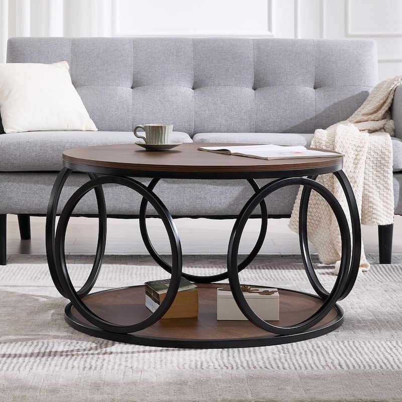 2-Tier Round Industrial Coffee Table with Metal Frame - 31.5"Dia x 18.7"H