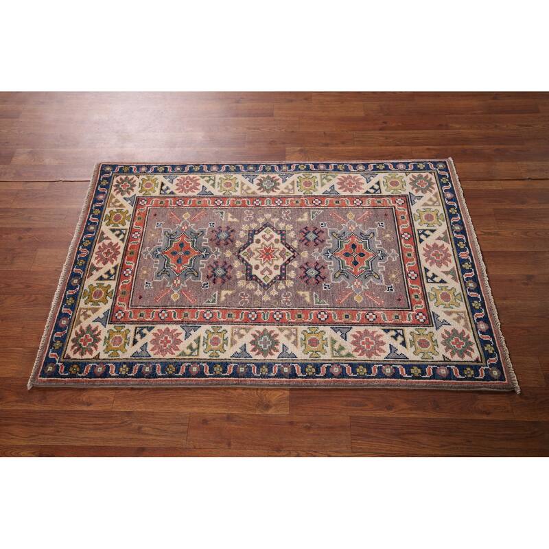 Geometric Brown Kazak Foyer Rug Hand-Knotted Wool Carpet - 2'9" x 4'1"