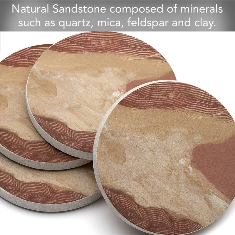 Mocha Canyon Dusk 4 Pack Round Natural Sandstone Coasters with Protective Cork Backing Manufactured in The USA
