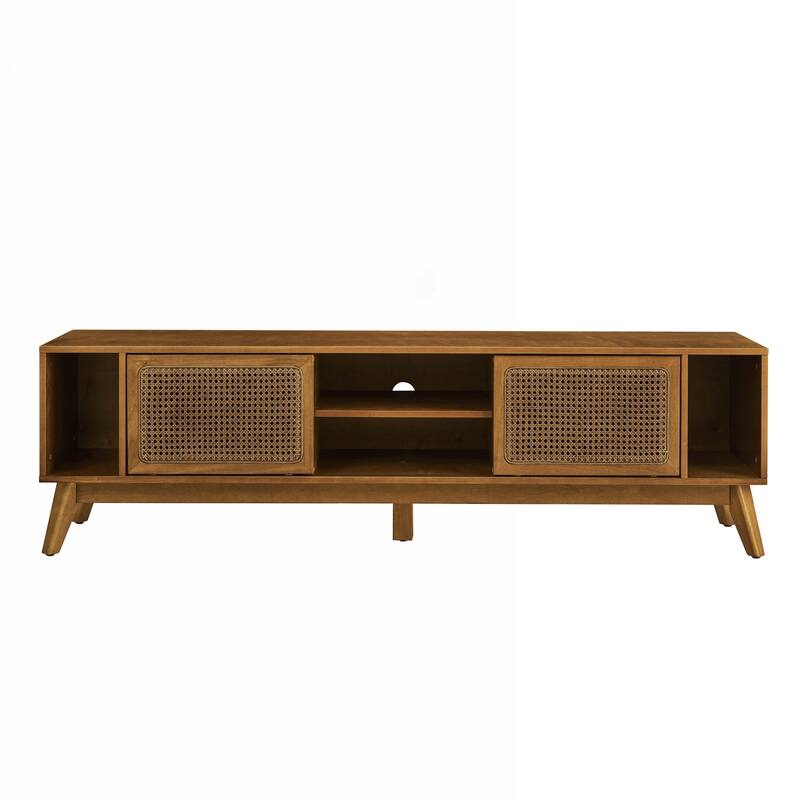 Charming Mid Century Rattan TV Stand with Solid Wood Feet and Versatile Storage