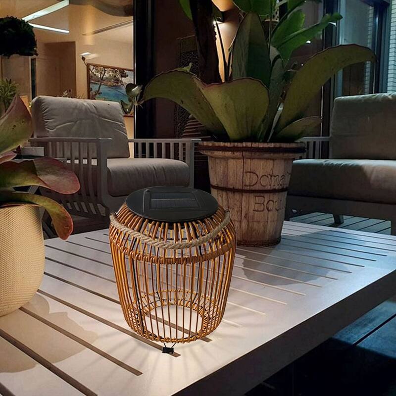 Waterproof Solar Wicker Lantern with Rattan and LED Light 11"x15"