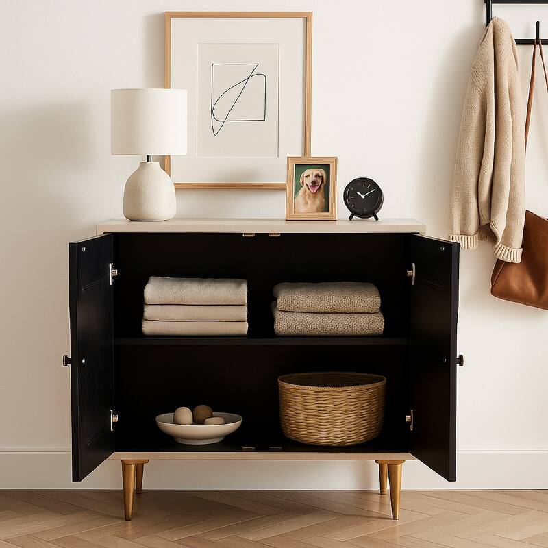 Modern Accent Cabinet with Textured Circle Door Design - 31", Black - 30.5"