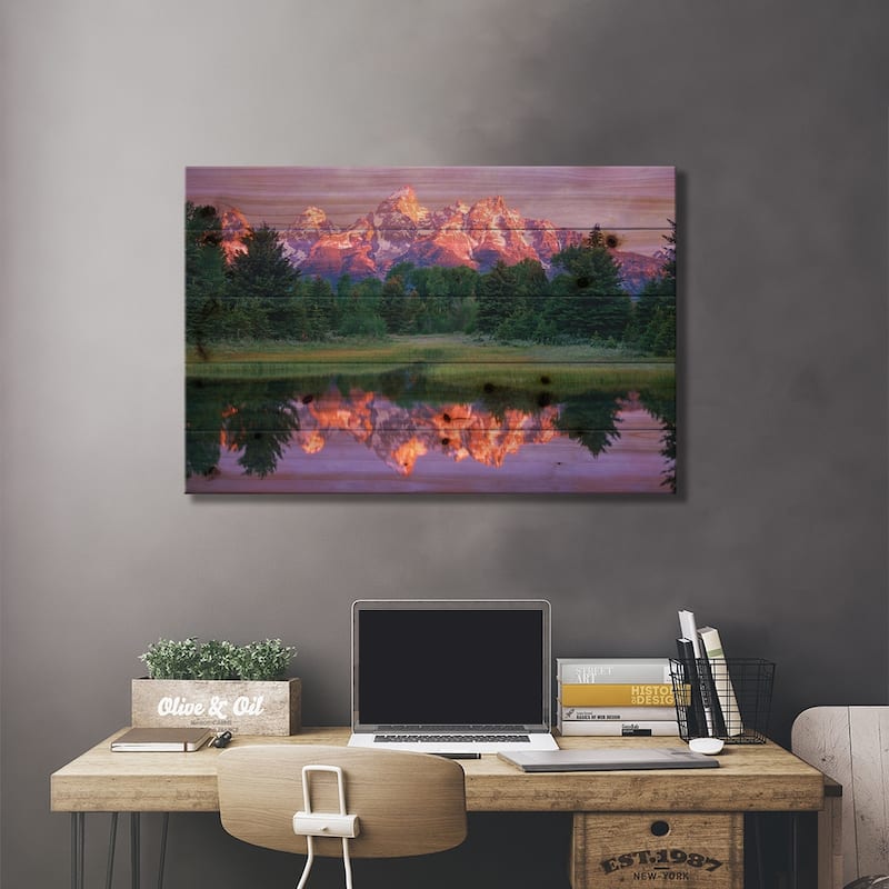 Grand Teton Range And Cloudy Sky At Schwabacher Landing, Grand Teton National Park, Wyoming Print On Wood by Tim Fitzharris
