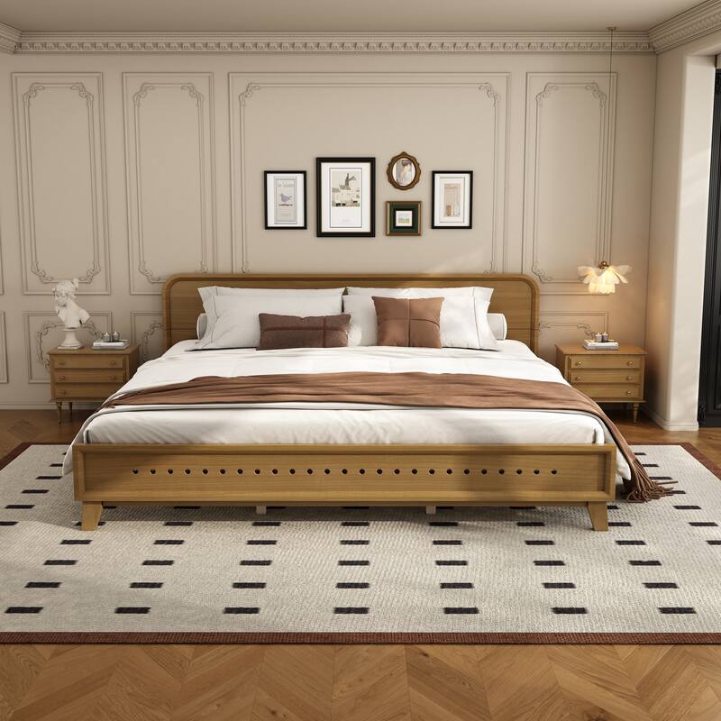Rustic Pine Wood Bed Frame Low-Profile Platform Bed with Panel Headboard Solid Wood Slat Support and Extra Wide Thickened Legs