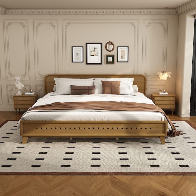 Rustic Yellow Solid Pine Wood King Size Bed - No Box Spring Needed, Durable & Stable Design