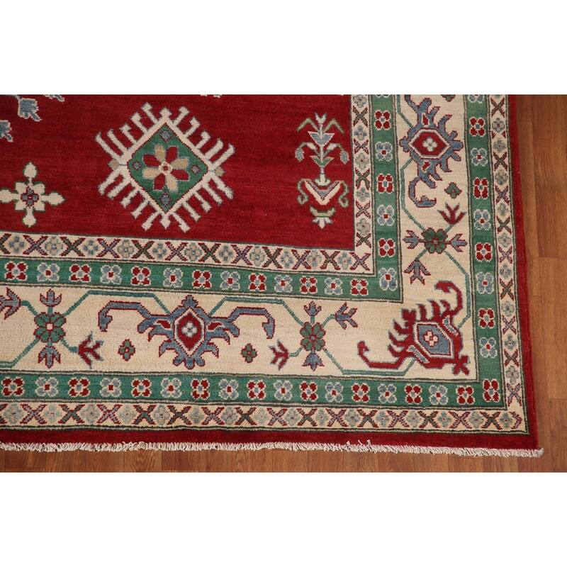 Red Geometric Kazak Oriental Area Rug Handmade Traditional Wool Carpet - 9'7" x 13'1"