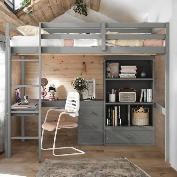 slide 2 of 20, Wood High Full Size Loft Bed with Desk,Storage Shelves and Drawers,Built-in Ladder Grey