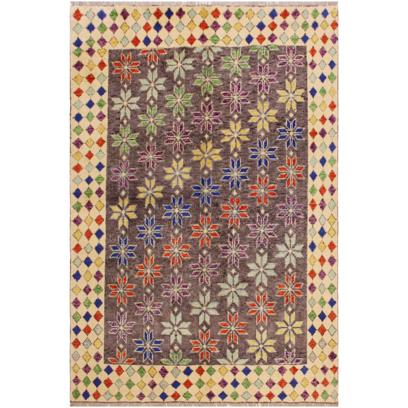 Contemporary Balochi Floyd Gray/Beige Hand Knotted Wool Rug - 4'11'' x 6'5''