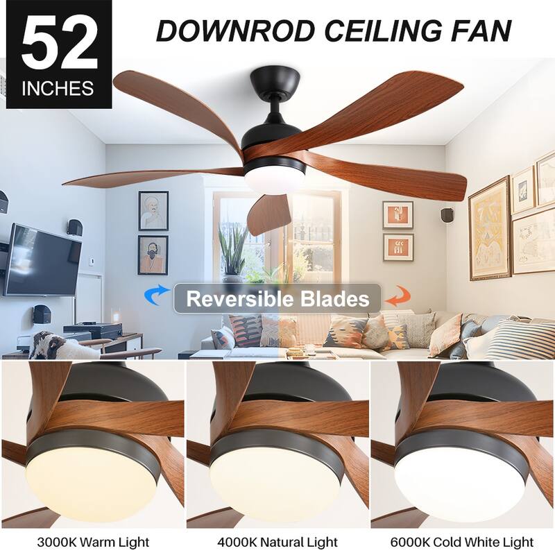 52" Morden Plastic Blades Ceiling Fan with Remote Control and Reversible Motor, LED Light - 52 inch downrod ceiling fan