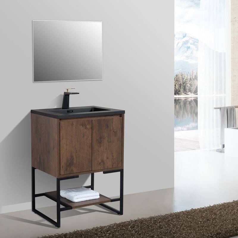 Freestanding Bathroom Vanity Set in Rose Wood with Integrated Solid Surface Sink