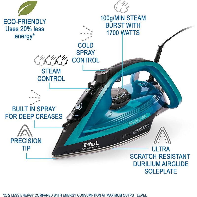 T-fal Ultraglide Plus Steam & Garment Iron with Durilium Soleplate, Teal