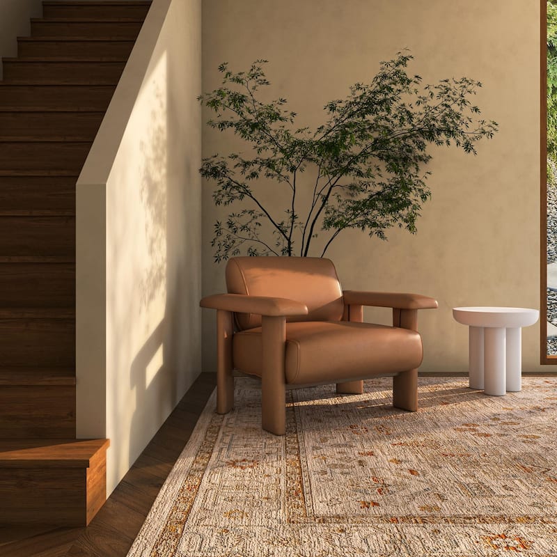 NADAAL STUDIOS Marcellus, Leather Lounge Chair With Piping Details - 40.2"W x32.5"D x29.9"H