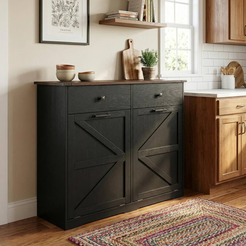 Homy Casa Farmhouse Double Tilt-Out Trash Cabinet, 20/10 G Recycling Bin, Barn Door Laundry Sorter with Drawer, Kitchen Tilt Out