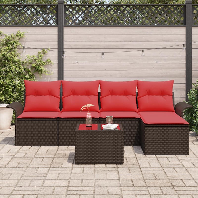vidaXL 5/6-Seater Garden Sofa with Cushions Black/Brown/Grey Poly Rattan - 24.4 x 98.8 x 27.2