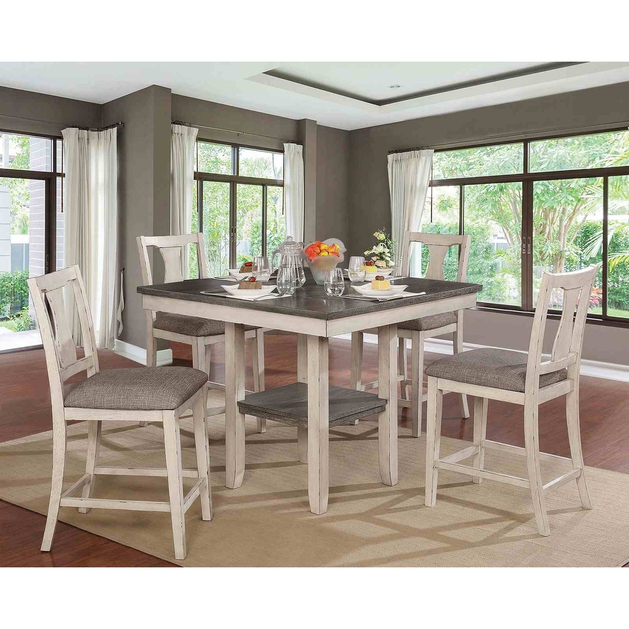 Antique White Finish Classic Shelf Counter Height Set Table and Chairs 5pc