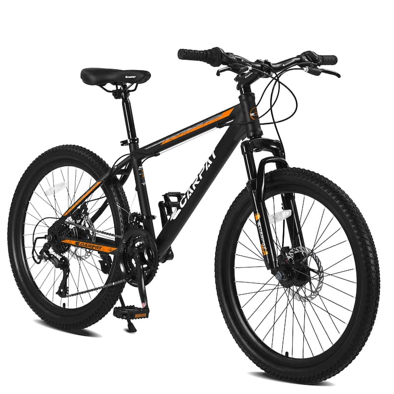 26 Inch Mountain Bike, Shimano 21 Speeds with Mechanical Disc Brakes, High-Carbon Steel Frame, Suspension MTB Bikes - Black+Orange