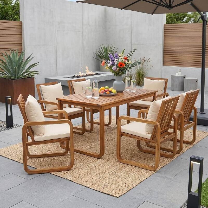 7-Piece Acacia Wood Outdoor Dining Set with Water-Resistant Cushions by Leisure Zone - Brown