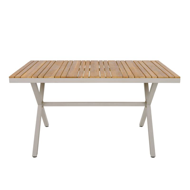 Roomfitters 55.12" Rectangular Outdoor Dining Table with Slatted Teak Wood Top & Beige Steel X-Frame Base for Patio, Teak+ Beige