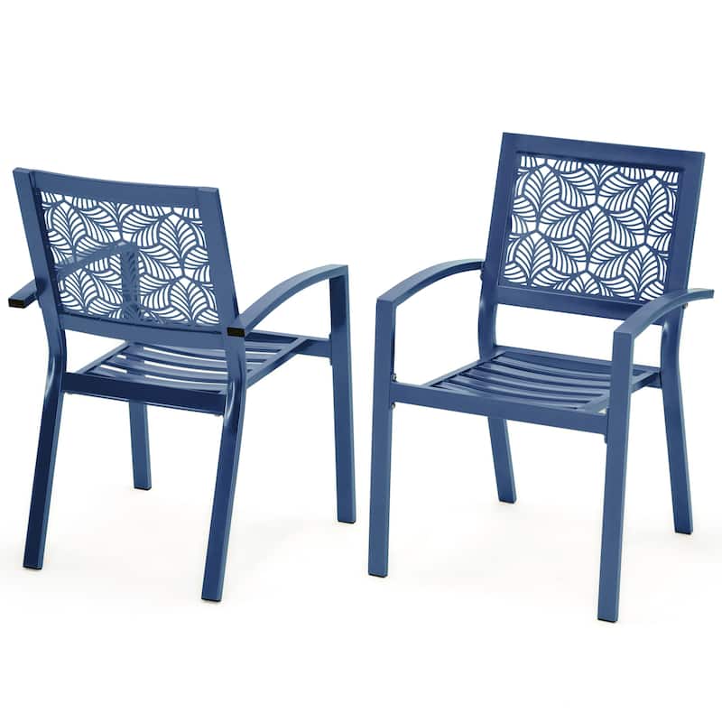Outdoor Patio Set, Weatherproof Iron Bistro Table & Chairs, Floral Back Design, Space-Saving（Green/ Blue/ Yellow/ Black）