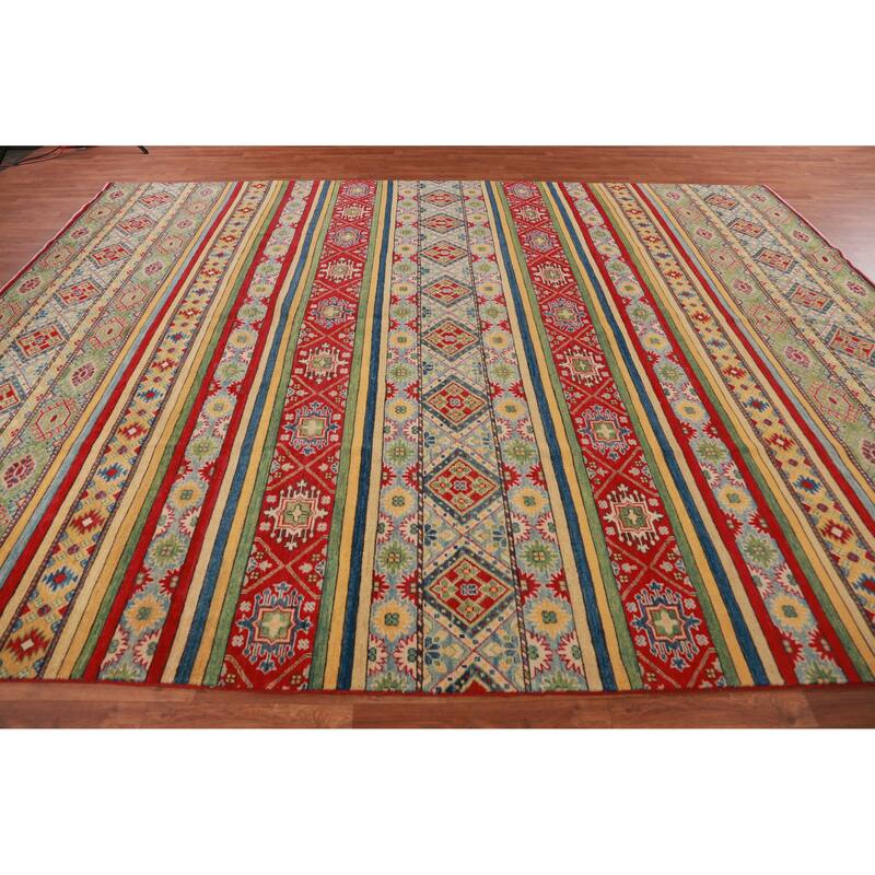 Hand Knotted Oriental 100% Wool Carpet Traditional Geometric Multi-Colored Kazak Area Rug - 12' 11'' X 9' 10''