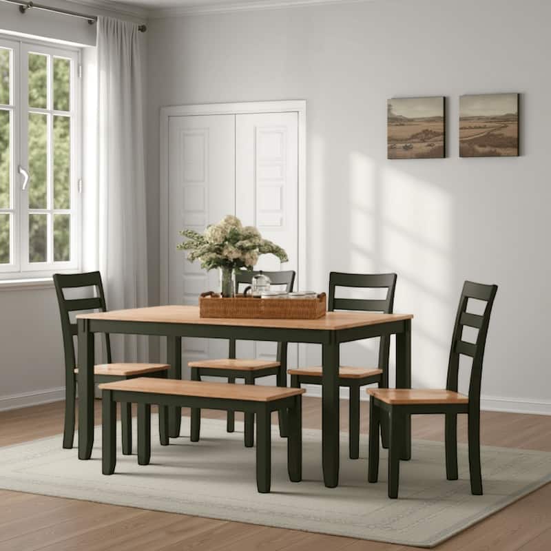 Gasy Dining Table Set with 4 Chairs, 1 Bench, Dark Green Wood, Brown