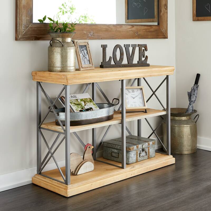 Wood 3 Shelf Shelving Unit with Gray Metal X-Frame - Brown - Roche River Decor