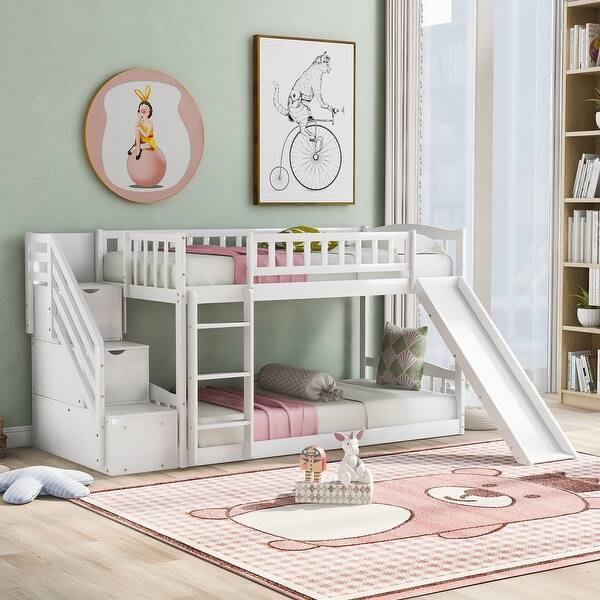 slide 2 of 18, Stairway Twin over Twin Floor Bunk Bed with Two Drawers, Slide and Ladder White
