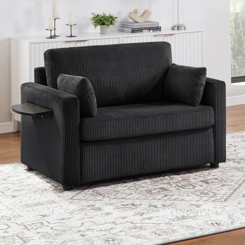 Twin Size Convertible Sleeper Sofa with Foldable Table, USB Ports and Lumbar Pillows, Black Corduroy
