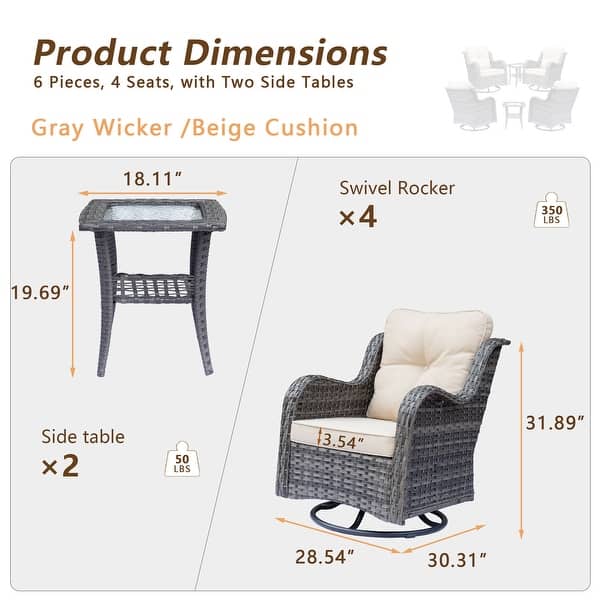 dimension image slide 4 of 9, Gray Wicker Rattan Outdoor Patio Furniture Set Swivel Chair with Cushion