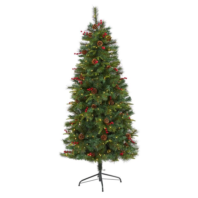 6’ Pinecone & Berry Pine Artificial Christmas Tree, Clear LED Lights - 6 Foot