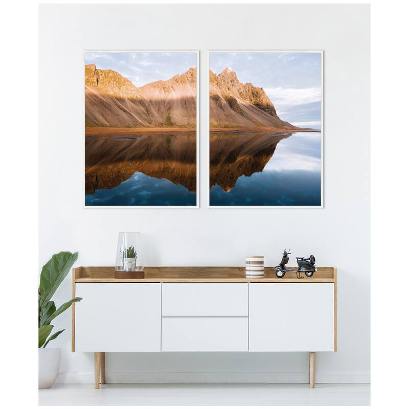 Kate and Laurel Sylvie Mountain Reflection in Iceland During Sunset Framed Canvas Art Set by Michael Schauer