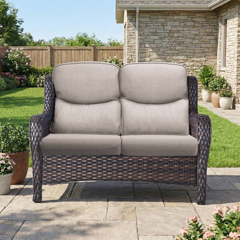 Pocassy Outdoor 2 Person Sofa Patio Loveseat with Comfy Cushions - Brown Wicker Beige Cushion - 1 Piece Loveseat Sofa with 5 Inch Cushion