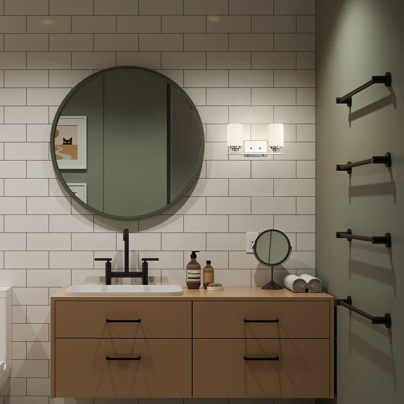 Brushed Nickel 2-Light Vanity Lights with White Etched Glass Shades