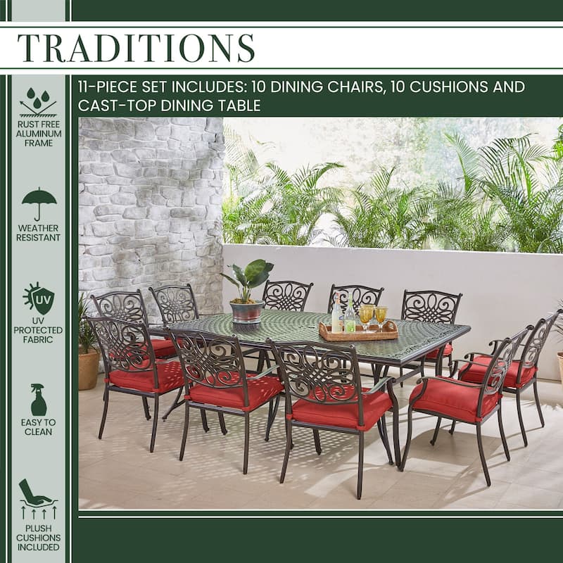 Hanover Traditions 11-Piece Dining Set in Red with Ten Stationary Dining Chairs and an Extra-Long Dining Table