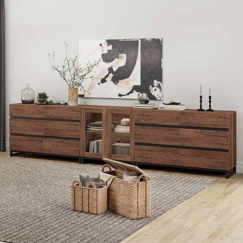 WAMPAT Modern Sideboard with Adjustable Shelves and Drawer, 3 in 1 Storage Cabinet with Glass Doors for Living Room, Kitchen - 94.5 inches - Brown