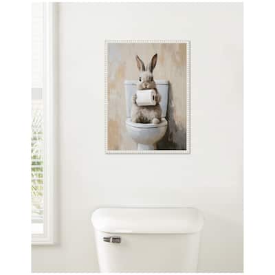 Kate and Laurel Sylvie Cute Bunny Toilet Paper Roll Toilet Bathroom Art Framed Canvas by The Creative Bunch Studio