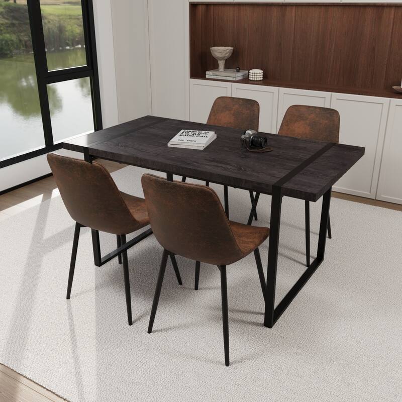 Modern Style 5-Piece Dining Set with Rectangular Metal Base Table and 4 Square Corner Suede Dining Chairs