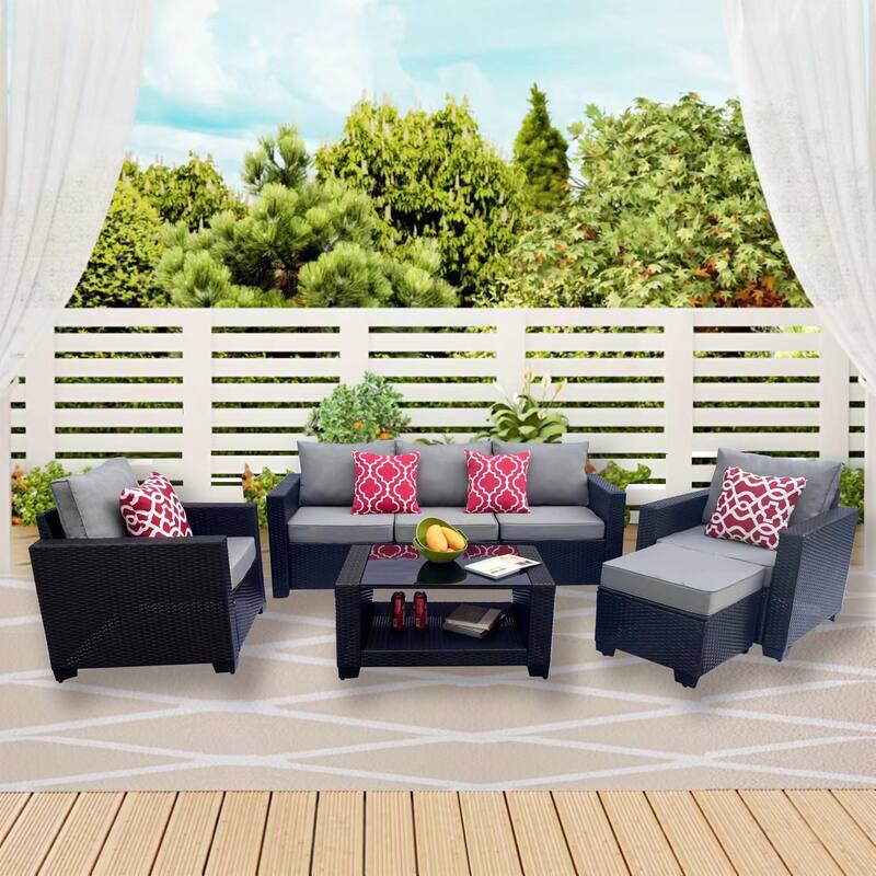 7 Piece Patio Furniture Set, Outdoor PE Rattan Wicker Sectional Sofa Set with 2 Sofa Chairs and Tempered Glass Table