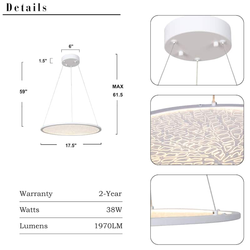 Modern 1-Light White Round LED Chandelier Minimalist Pendant Lights for Dining Room - 17.5" D x 61.5" H