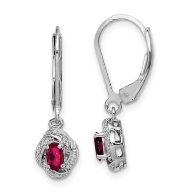 Curata 925 Sterling Silver Dangle Polished Leverback Diamond and Created Ruby Earrings - 26x7mm Wide