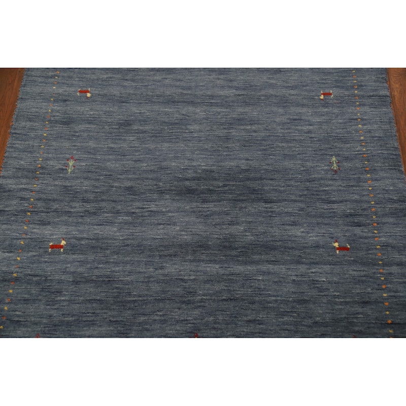 Tribal Gabbeh Oriental Area Rug Hand-Knotted Blue Wool Carpet - 4'1" x 5'11"