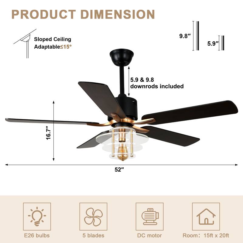 Bella Depot 52" Modern Ceiling Fan with Light and Remote 6-Spped Reversible Fan
