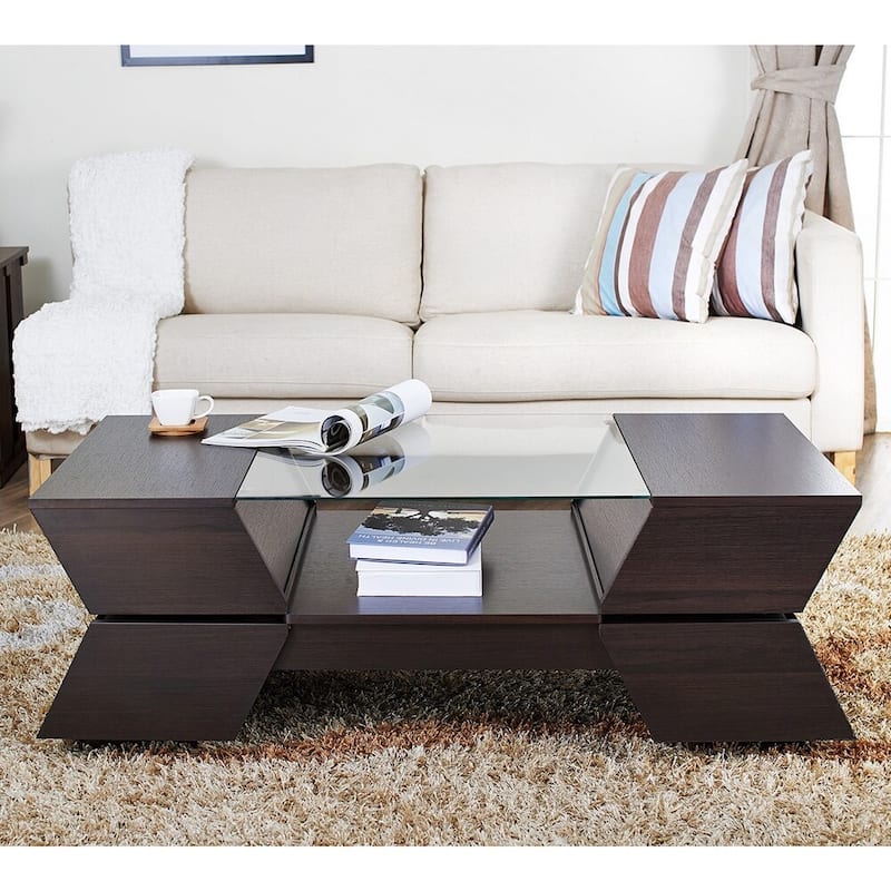 Anjin Enzo Contemporary 47-inch Glass Top Insert Two-tone 1-Shelf Coffee Table by Furniture of America - Espresso