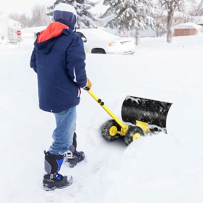 Rolling Snow Pusher with Wheels and Adjustable Handle