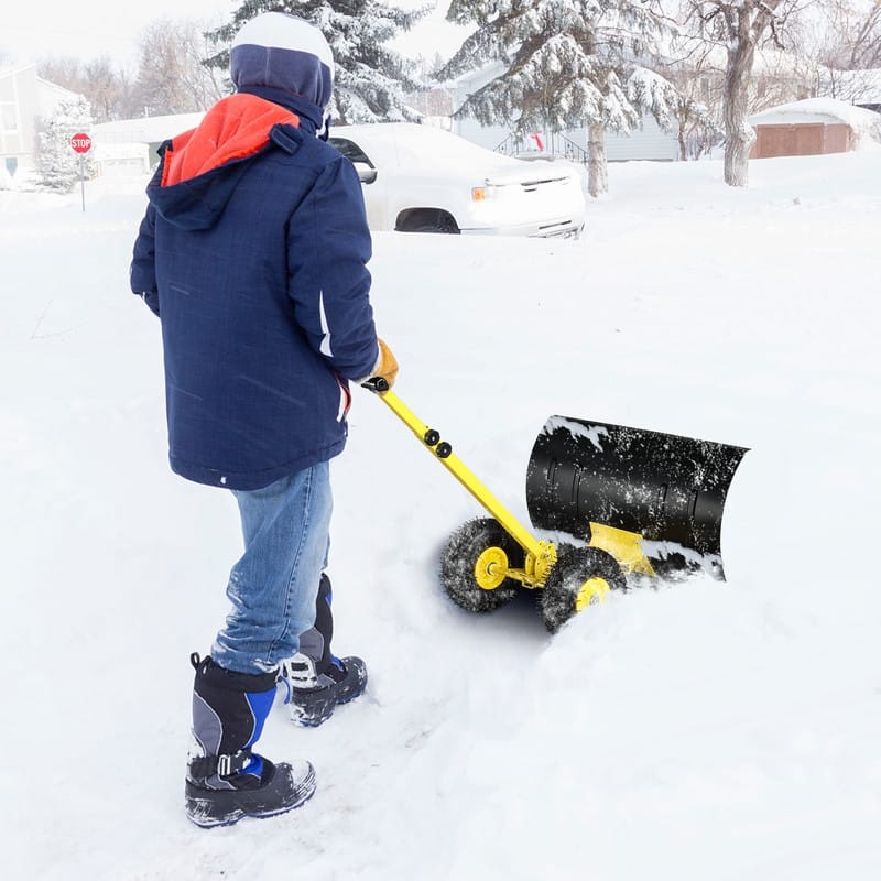 Rolling Snow Pusher with Wheels and Adjustable Handle