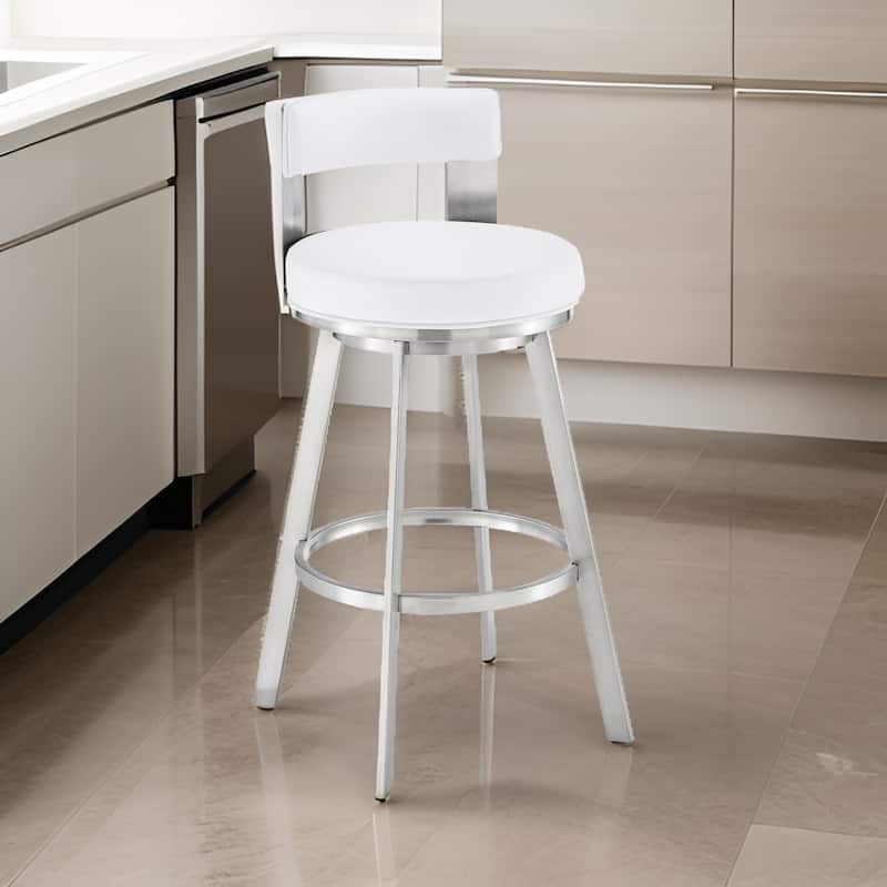 Ami 26 Inch Swivel Counter Stool Chair, White Faux Leather, Stainless Steel