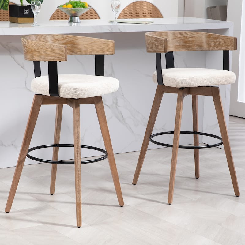 Beck Beige Linen Fabric Bar Stool with Natural Wood Backrest and Legs