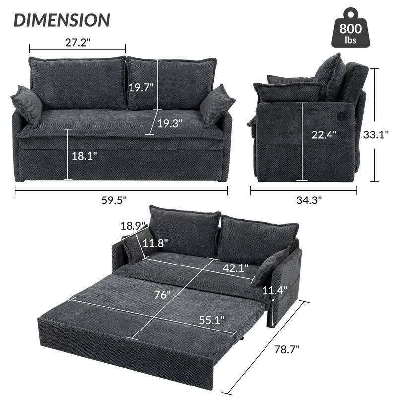 59.5" Ergonomic Sofa Bed with Storage & Charging - Supportive Chenille Convertible Sleeper, 800lb Capacity