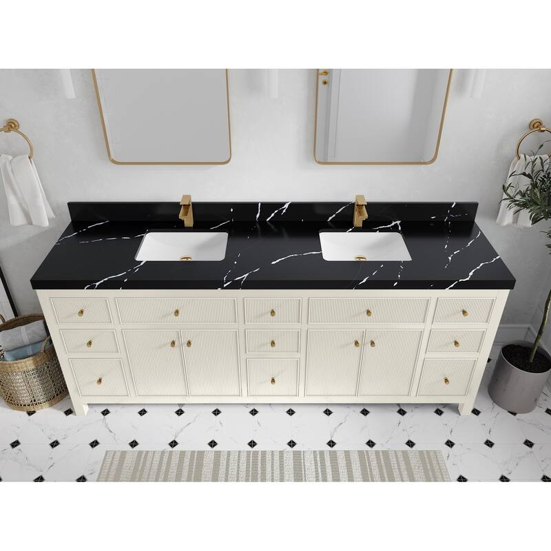 Willow Collections 84 in. W x 22 in. D Sonoma Free Standing Reeded Double Sink Bathroom Vanity with Countertop - 2”Calacatta Black - Ivory